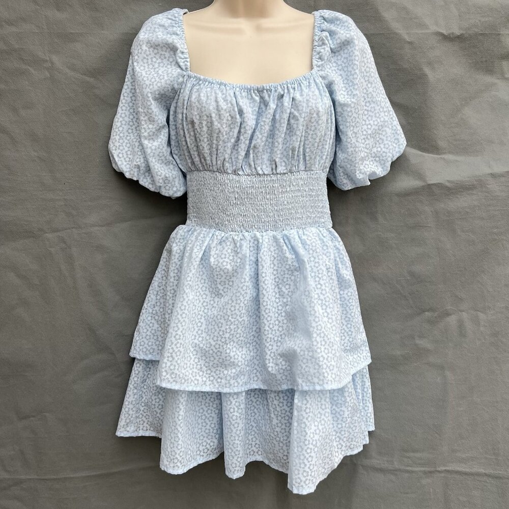 Lulus Size Small S Pastel Powdery Blue Floral Puff Sleeves Mini Dress Layered